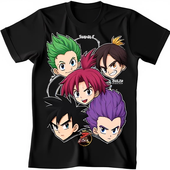 Black T-Shirt Featuring Circle of Five Animated Young Men with Unique Hairstyles and Expressions Soft Comfortable Casual Wear with Vibrant Graphic Print