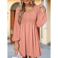 thumbnail image 4 of Women'S Casual Dresses Smocked Crewneck Button Up Long Sleeve Waist A-Line Mini Dress Pink S, 4 of 8