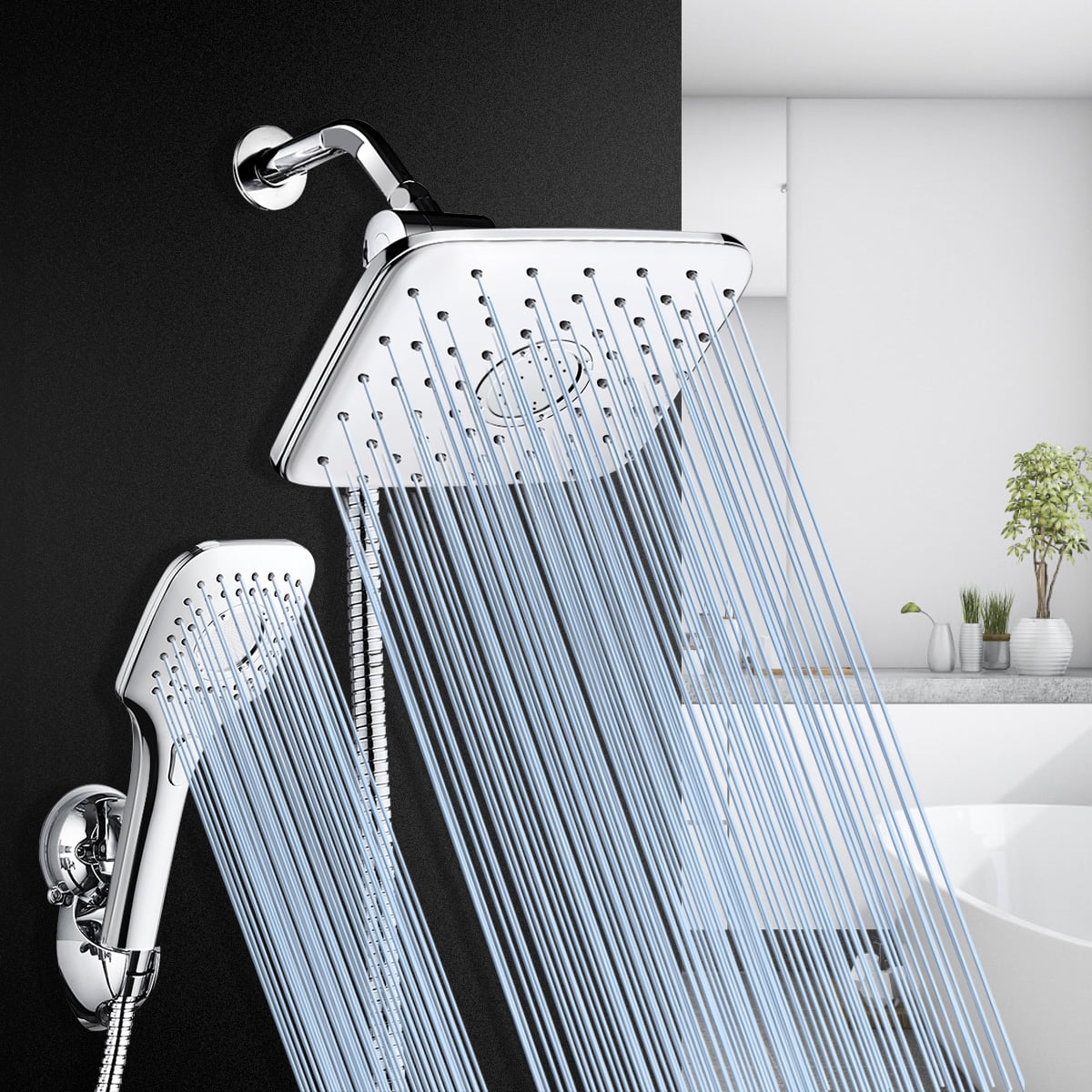 4 Setting Luxury Rainfall Shower Head Combo With Wand Flow Control Button,Chrome 