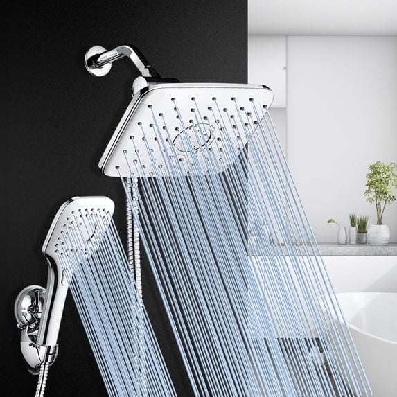8/9/10 inch Shower Head and Handheld Combo, High Pressure Dual Rainfall Shower Head 3-5 Shower Modes, Shower Head Set with 3-way Water Diverter&Suction Cup Holder&60inch Hose, White/Sliver/Black