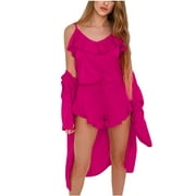 matoen Women's Summer Ice Silk Pajamas Sets Round Neck Solid Ruffle Sling Three Piece Homewear Sleeveless Blouse+Shorts+Coat