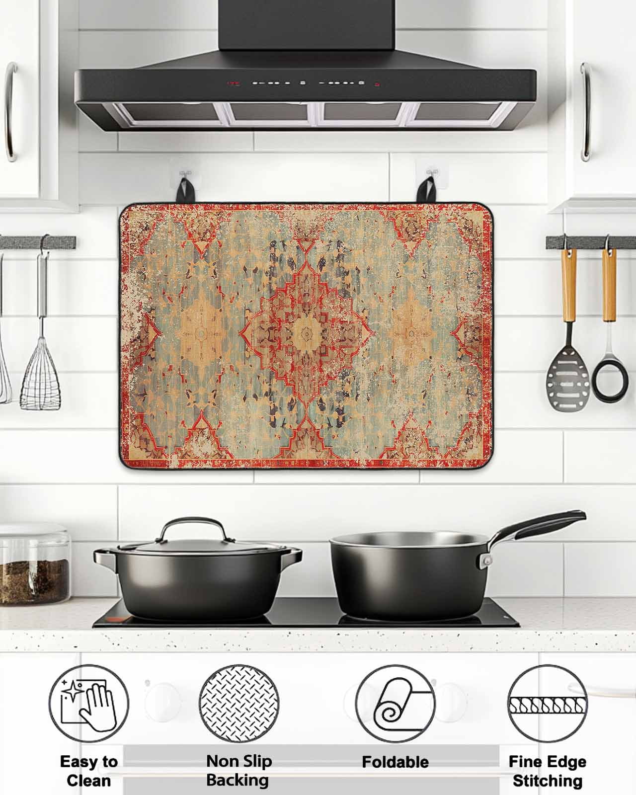 Stove Top Covers for Electric Stove, Red Blue Boho Glass Stovetop Cover Protector, Ehtnic Abstract Art Modern Geometric Induction Cooktop Protector Oven Mat for Kitchen Countertop 24"x21"