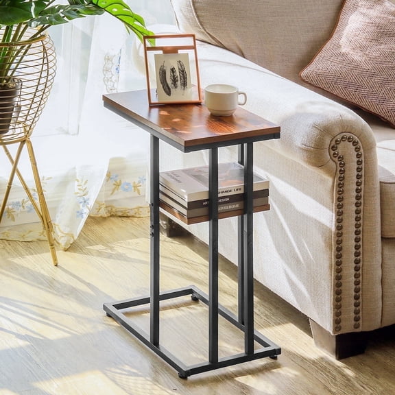 C Shaped End Table, Side Table for Couch and Bed, Small Side Table for Small Spaces, Living Room, Bedroom, Rustic Snack Table