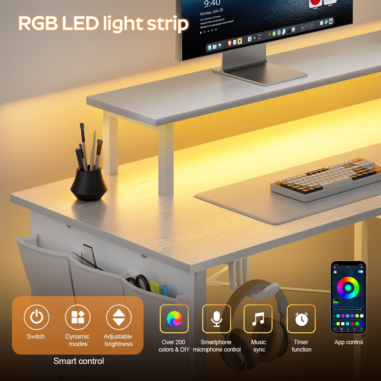 HLDIRECT 43 Inch L Shaped Computer Desk with Power Outlet, Gaming Corner Desk with LED Lights, Home Office Table with Storage Shelves & Monitor Stand, White
