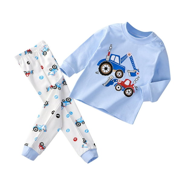Gibobby Conjunto de ropa de bebé y niños pequeños, estampados de dibujos animados para niños pequeños, conjuntos de ropa de dormir de manga larga para niños(Azul celeste, 12-18 Meses)
