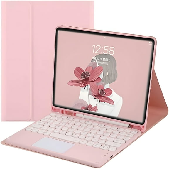 GJX Pro 12.9 inch Keyboard Case with Touchpad, Cute Round Key Color Keyboard, Detachable Touch Keyboard Cover (Pink)
