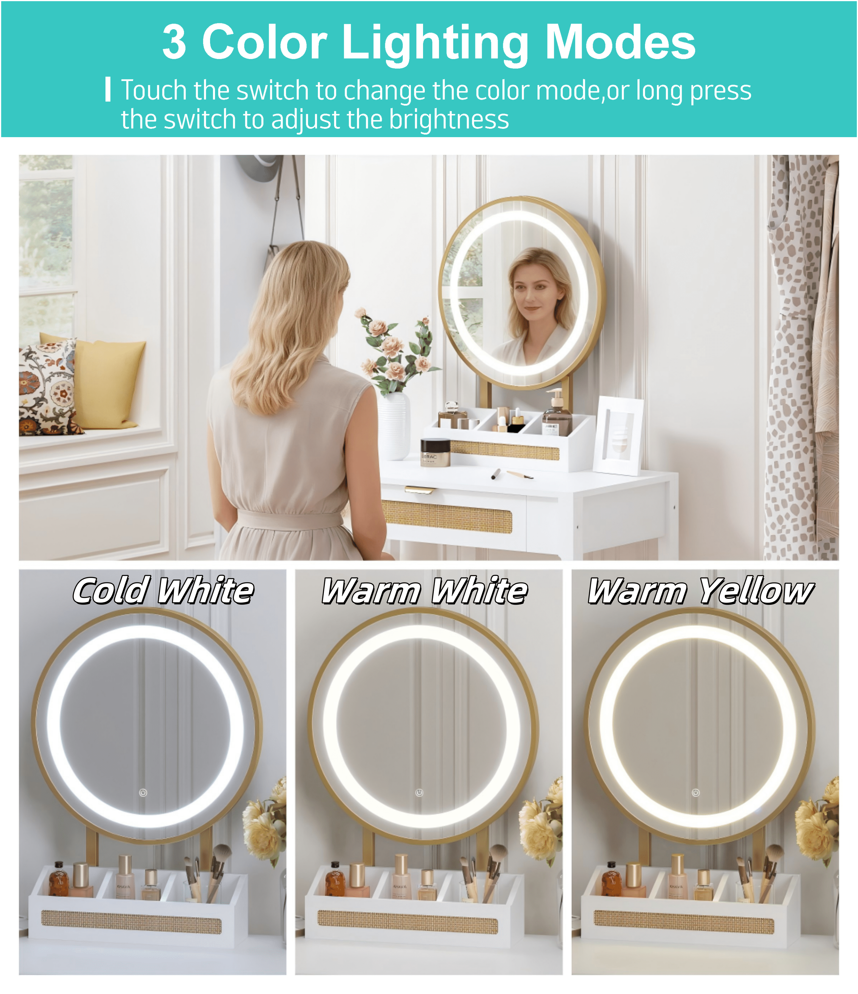 STAROUS Rattan Makeup Vanity Desk with Mirror and Lights, White Vanity Table with Drawers, Small Dressing Table with 3 Lighting Modes for Bedroom