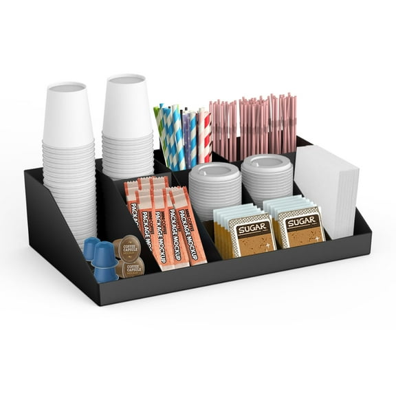 10-Compartment Coffee Condiment Caddy - Spacious Countertop Organizer for Coffee Pods, Tea, Cups & More, Compact Design for Home & Office