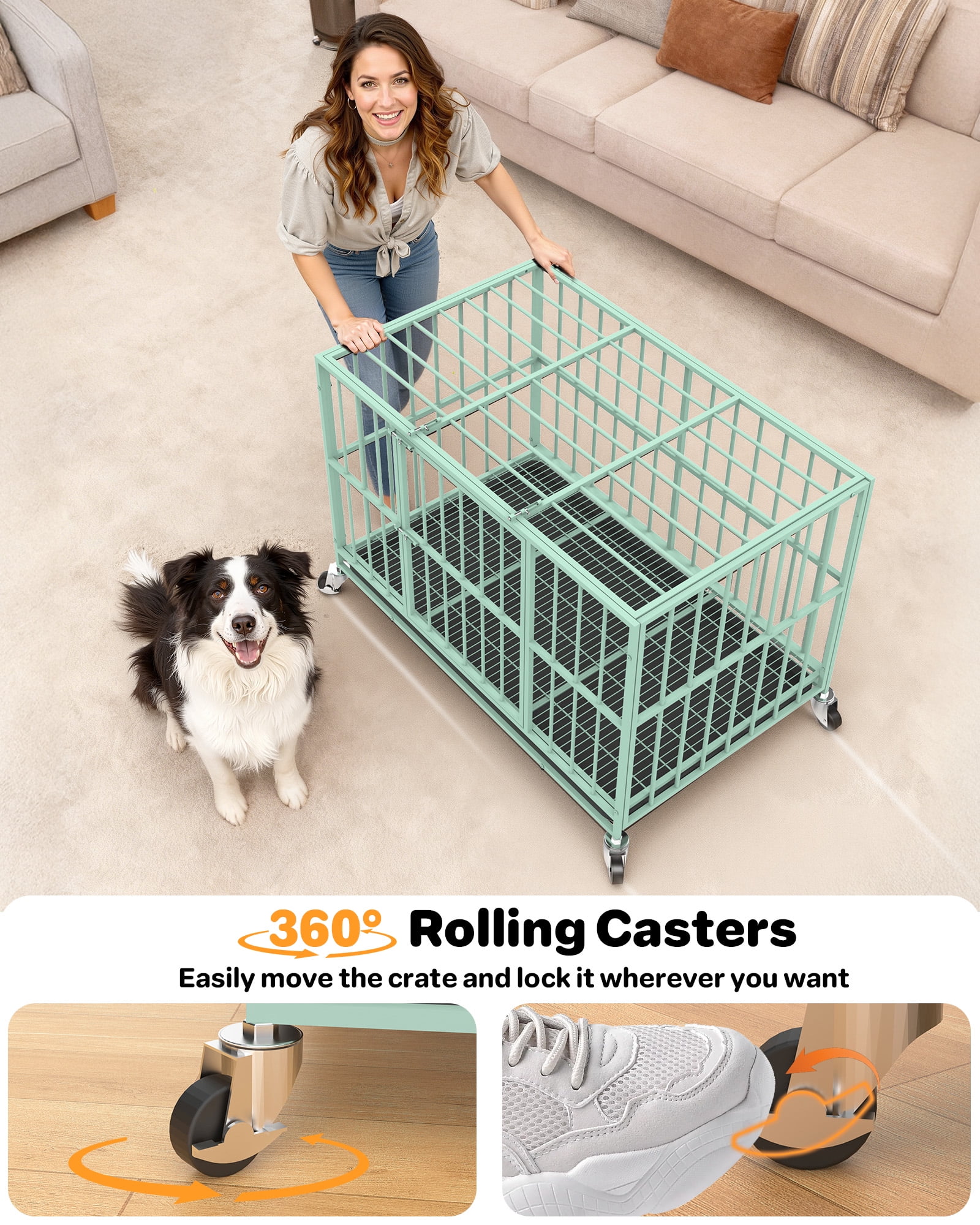 TIME RAY 48 Inch Heavy Duty Indestructible High Anxiety Dog Crate Cage for Large Dog with Steel Escape Proof, Double Doors,Lockable Wheels and Removable Tray,Green