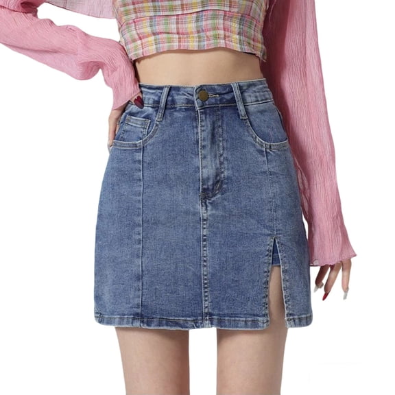 Npasoilc High Waist Zipper Mini Pocket Skirt for Women Denim Bodycon Half Skirt