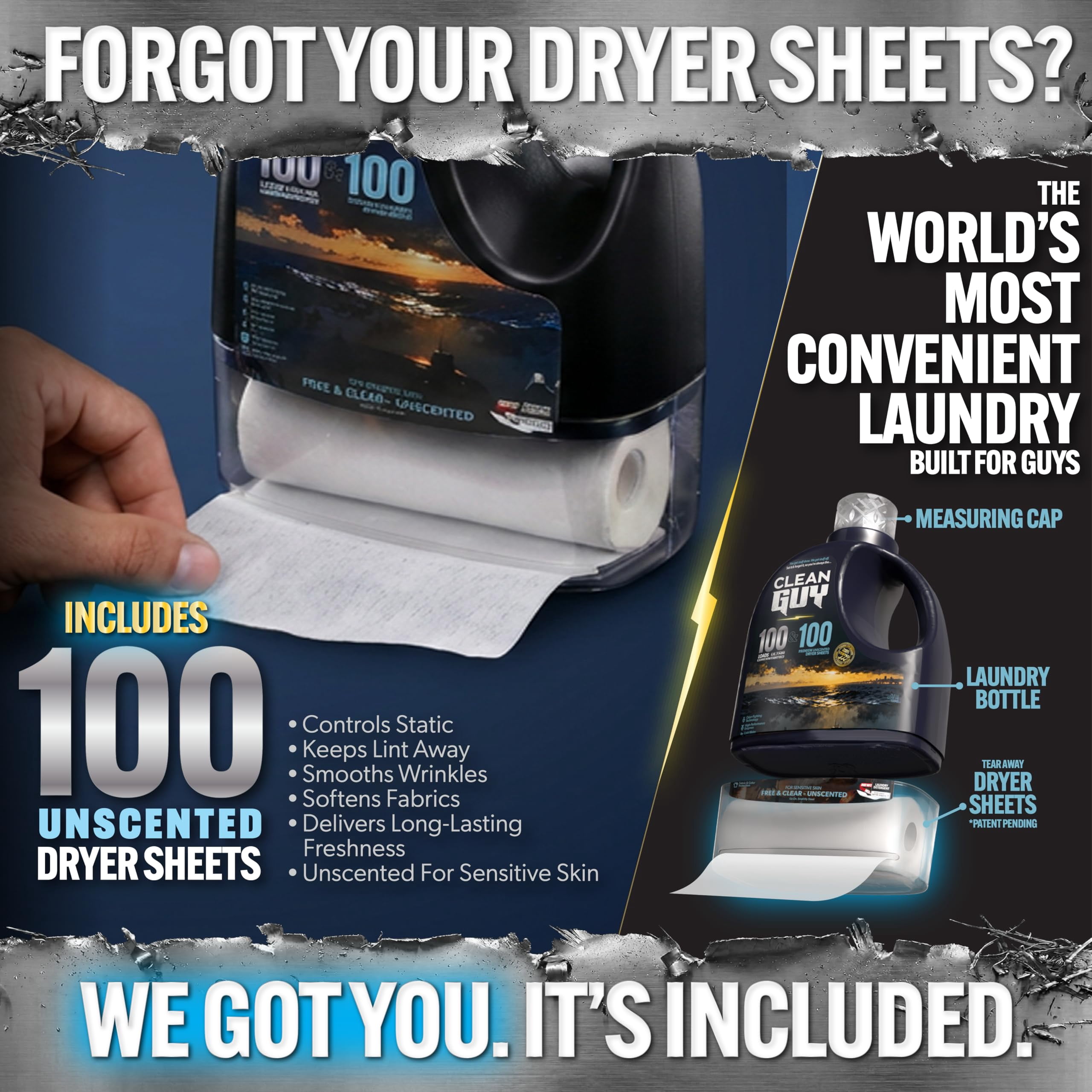 Clean Guy Laundry Detergent with Dryer Sheets , Unscented & Gentle, Sensitive Skin Safe, Deep Cleaning Power, Softens Clothes Without Fragrance - Free & Clear (100 Loads PLUS 100 Dryer Sheets)