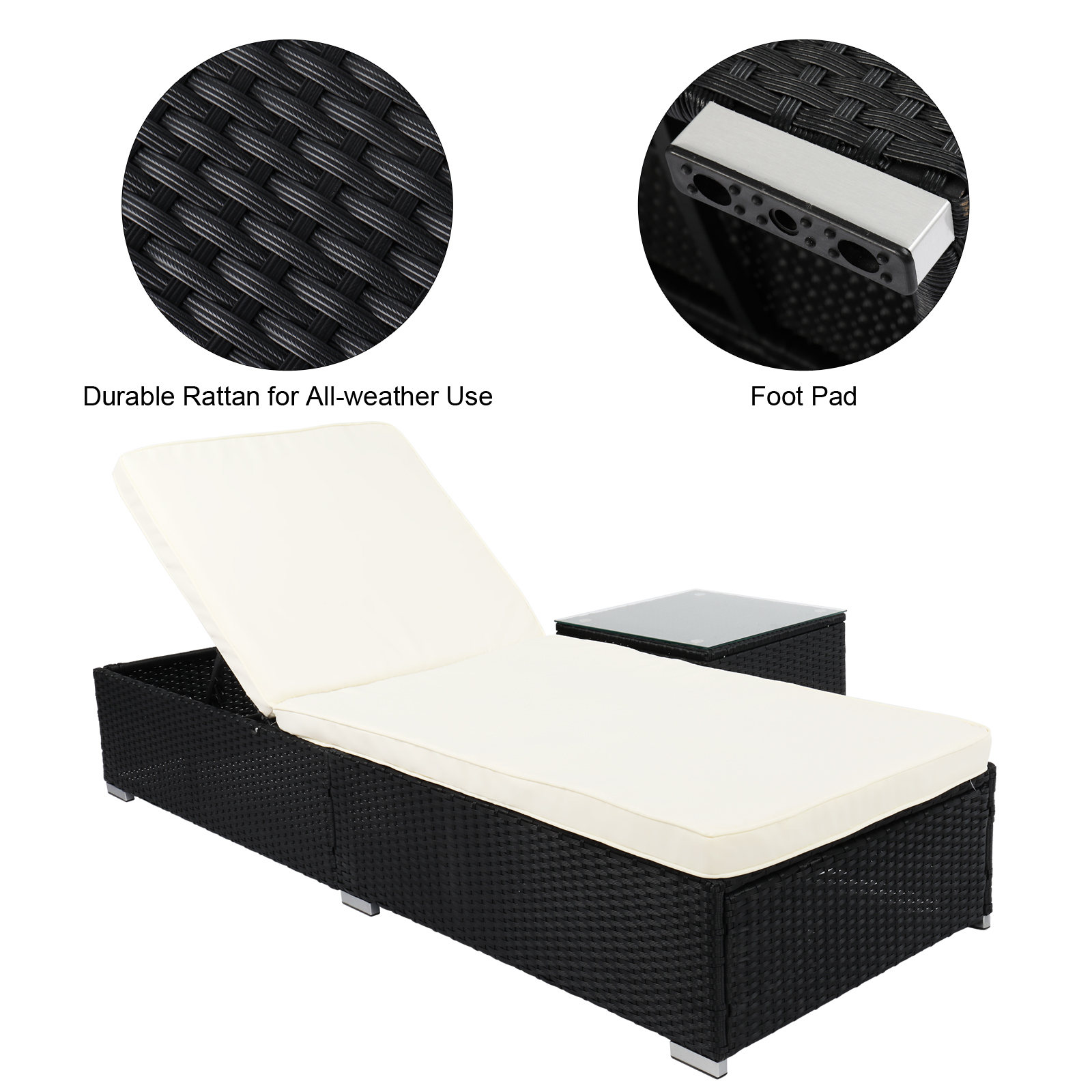 GZXS Rattan Wicker Furniture Set of 2, Outdoor Patio Pool Lounge Chair + Glass-Top Coffee Table, Patio Outdoor Chaise Lounge Chair for Outside, Black - image 4 of 10