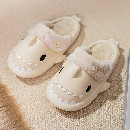 

QWZNDZGR Waterproof Cartoon Shark Plush Slippers Women S Home Thick-Soled Non-Slip Warm Couple Winter Slingback Furry Faux Fur Slippers
