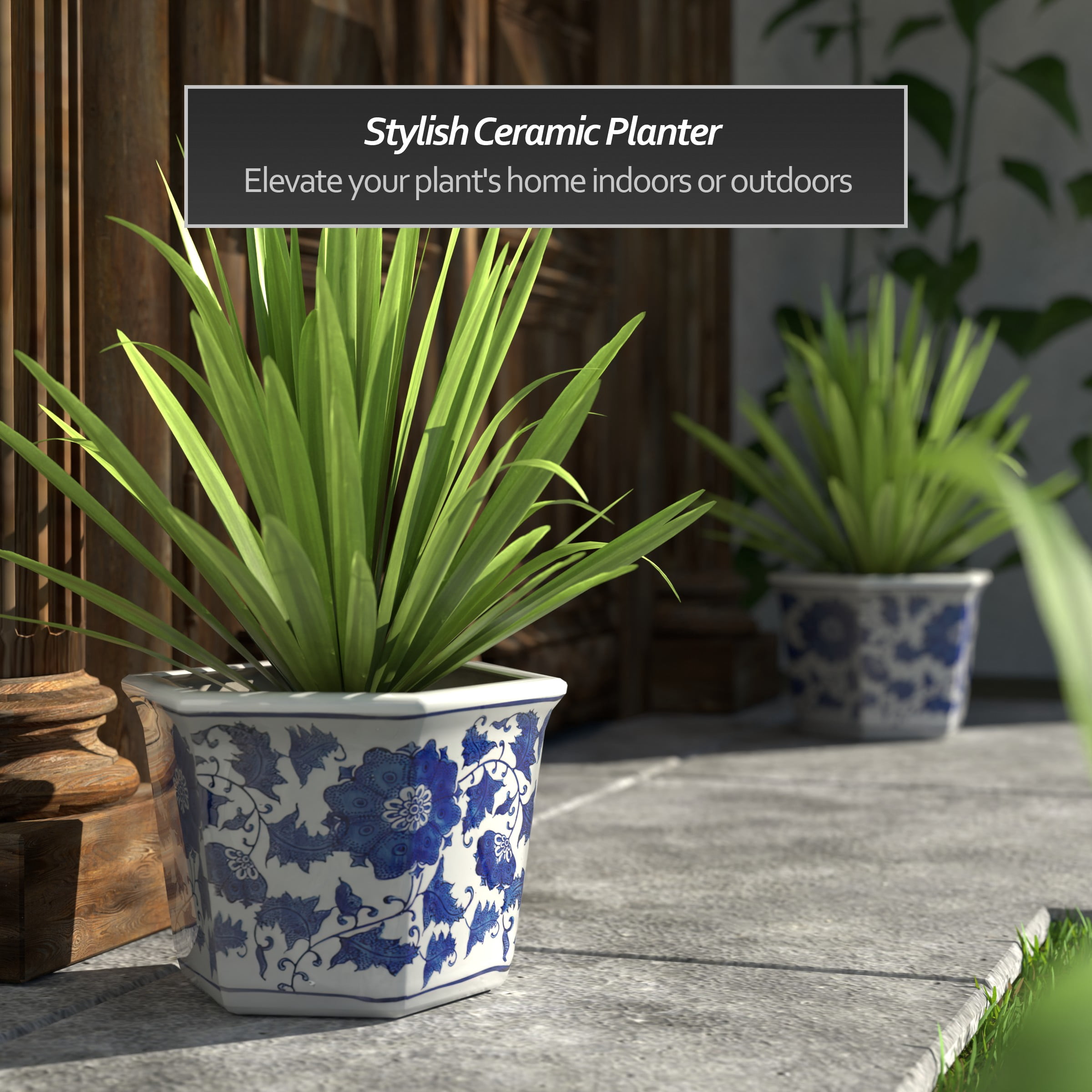 12" Hexagonal Flower Pot - Blue and White Floral
