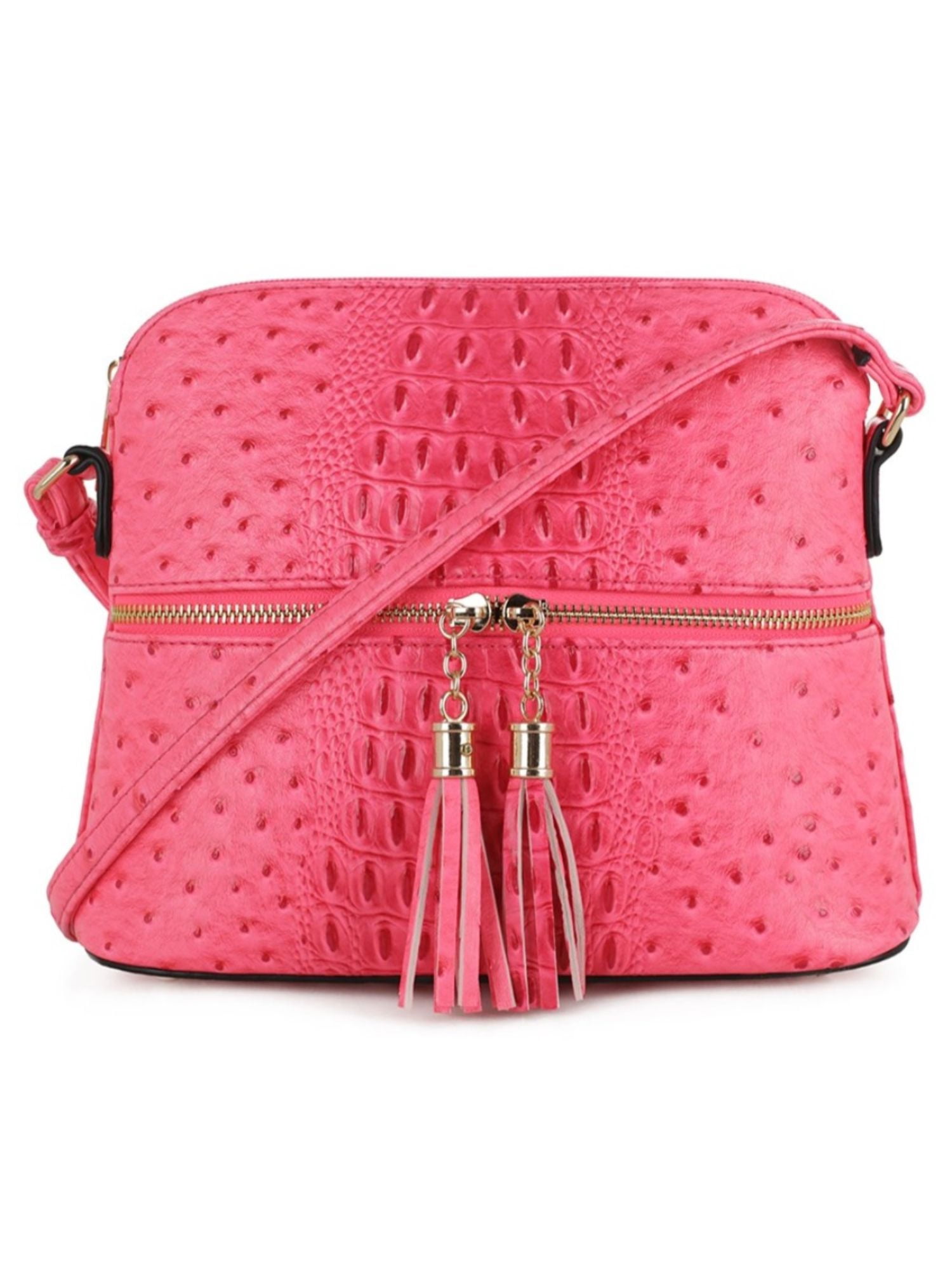 Deluxity Animal Ostrich Lightweight Dome Crossbody Bag TasselHot Pink