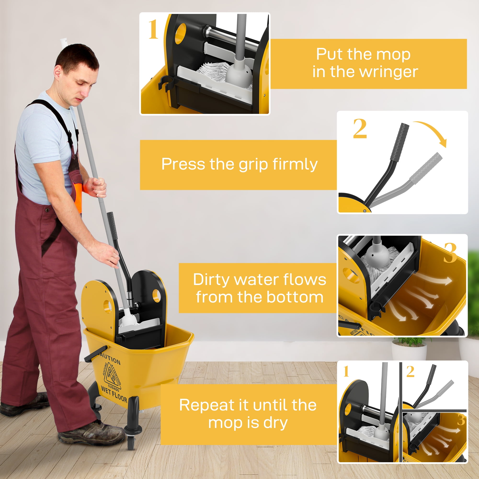 HOMCOM Mop Bucket with Wringer on Wheels for Floor Cleaning, 27.5 Quart Down Press Wringer with Handle and Mop, Yellow