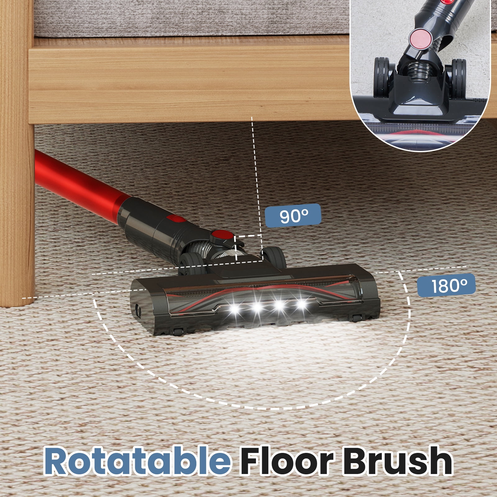 MCQ 3-in-1 Cordless Stick Vacuum Cleaner, Lightweight with LED Headlight for Carpet, Floor & Pet Hair, Black-Red