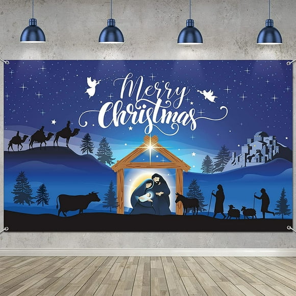 Nativity Banner Merry Christmas Nativity Barn Birth of Jesus Nativity Backdrop Scene Blue Large Holy Nativity Backdrop Religious 72.8 x 43.3 Inch