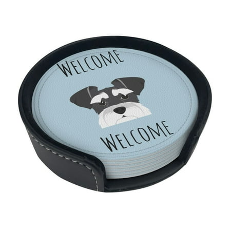 

Round Pu Leather Coaster Schnauzer Cute Dog Heat - Resistant Beverage Cup Mat-Fancy Decor For Kitchen Office Dining Room Table - Drink Protector 6-Slice