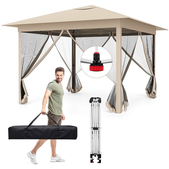 Costway 11.5 X 11.5 FT Easy Pop-up Canopy with Mesh Screen Netting, Air Vent, 4 Doors, Bag Beige