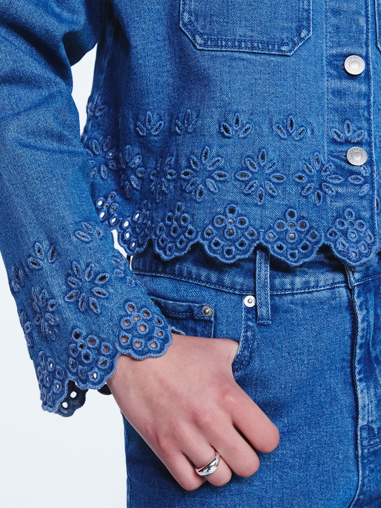 Free Assembly Women's and Women's Plus Embroidered Eyelet Denim Jacket, Sizes XS-4X