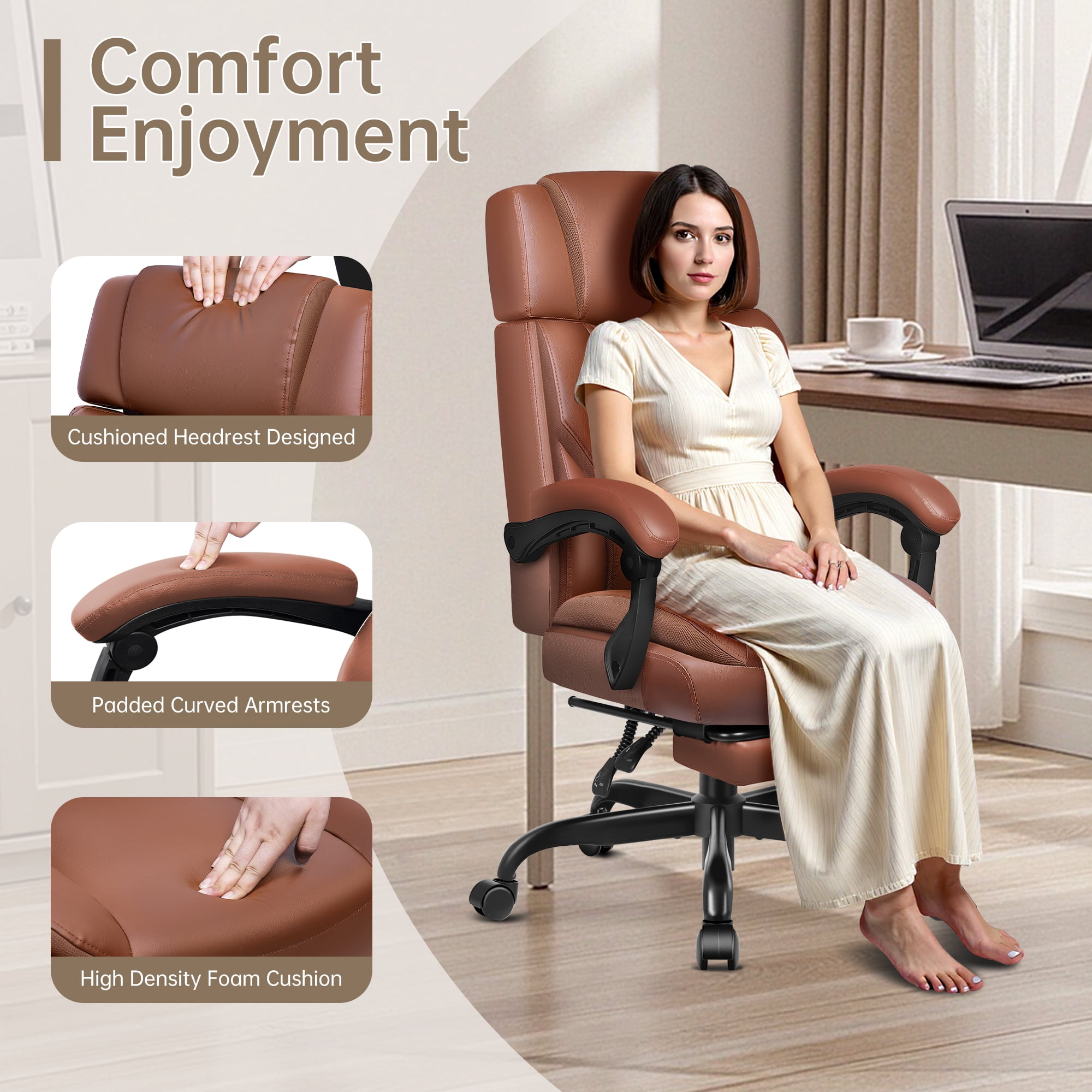 FASTES Big and Tall Ergonomic Office Chair with Footrest - Leather Computer Desk Chair, Reclining High Back Ergonomic Chair with Adjustable Headrest & Lumbar Support, Brown