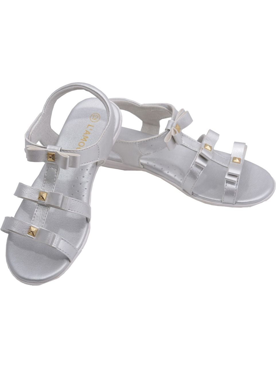 L'Amour Toddler Girls Silver Studded Bow Straps Velcro Sandals 7-10 Toddler L'Amour Toddler Girls Silver Studded Bow Straps Velcro Sandals 7-10 Toddler