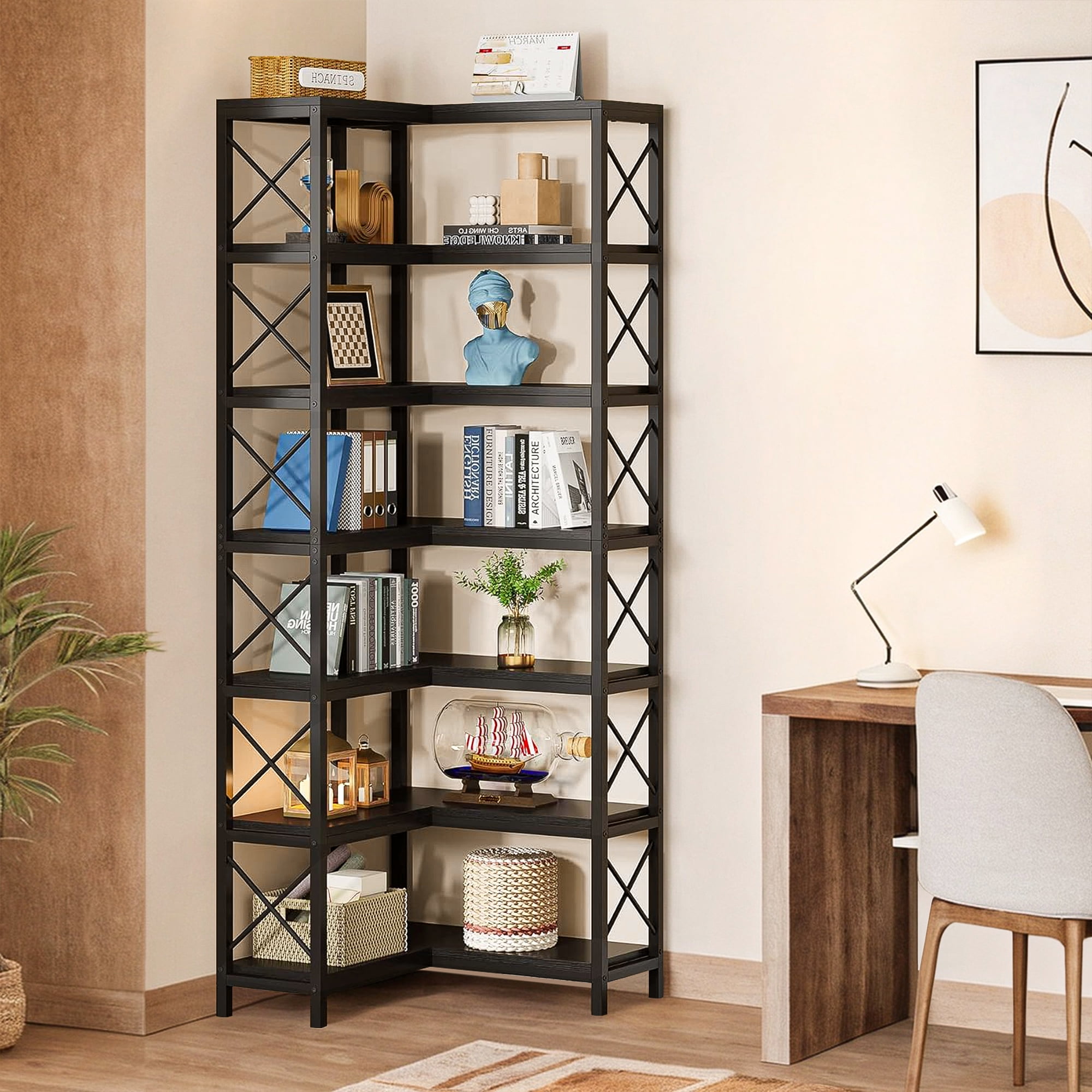 Demi Bonn 7 Tier Corner Bookshelf, Bookshelves, Open Etagere Bookcase Shelf Storage Organizer, Storage Shelving Unit for Bedroom, Living Room and Home Office, Black