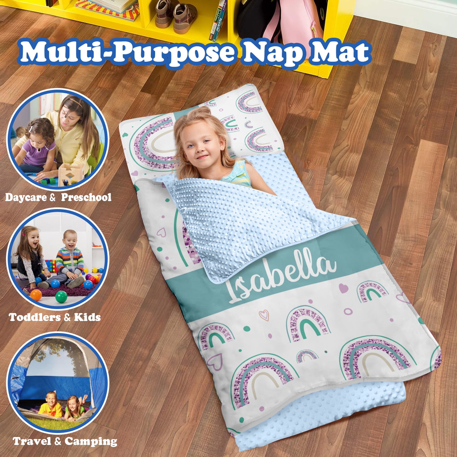 AOLOA Personalized Toddler Nap Mat, Custom Name Kids Sleeping Mat for Daycare Preschool Kindergarten, Blue Rainbow Boys Girls Sleep Bag with Pillow Blanket Set, Portable Nap Sack for Infant Child