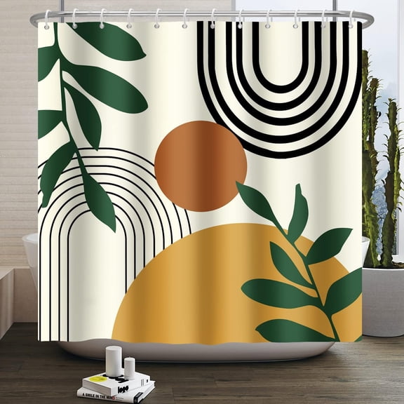 Boho Mid Century Shower Curtain Sun Leaves Modern Abstract Geometric Aesthetic Shower Curtains for Bathroom Bathtubs Waterproof Fabric Shower Curtain with Hooks 72x84 Inches