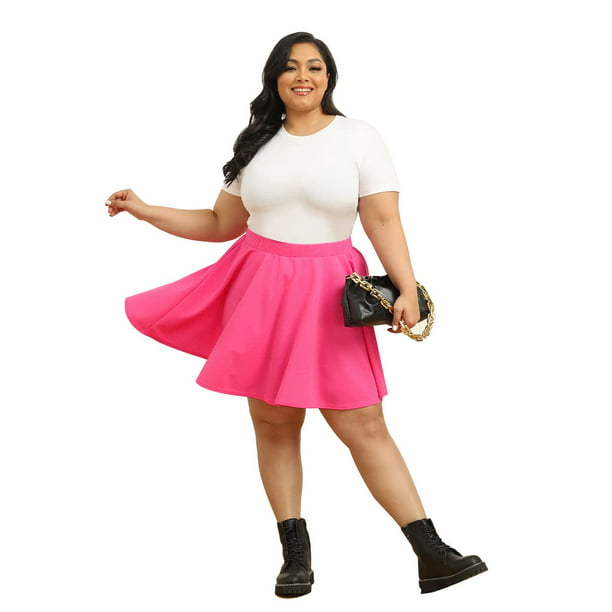 TIYOMI Plus Size Skirts Hot Pink Stretchy Buttons Hidden Mini Skirt Swing A Line Skater Skirt Flared Casual Fall Winter Skirts XL 14W 16W -