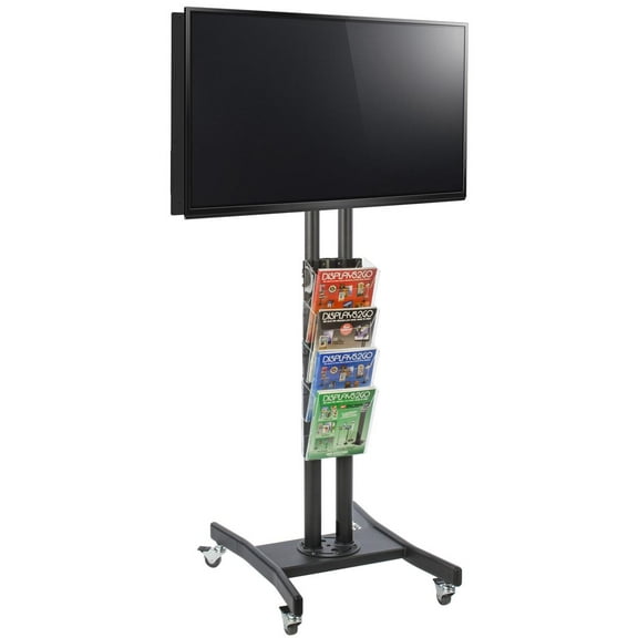 Dual 32"-65" TV Stand with Catalog Holder Rack, 4 Clear Pockets (Black Steel) (TV5ACSBK)