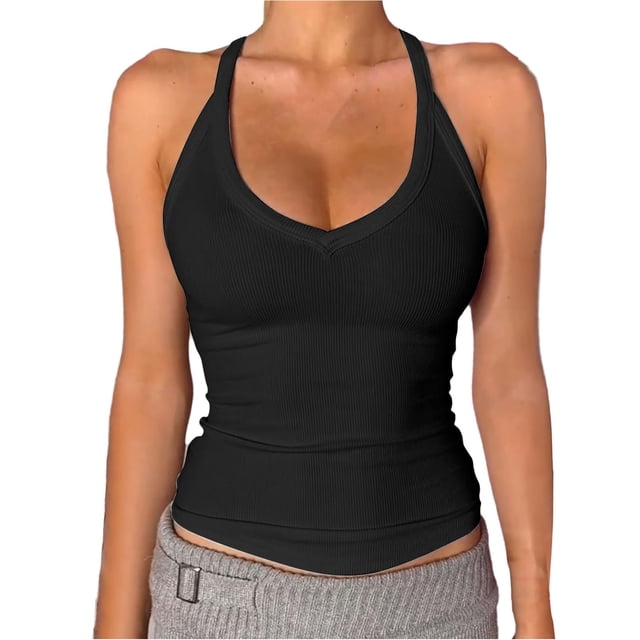 DondPO Womens Tank Tops,Lady V Neck Racer Back Tank Top For Women Padded Ribbed Long Tank Fitted Basic Tops,Halter Tops for Women,Womens Loose Tank Tops Clearance! Black L Clearance!