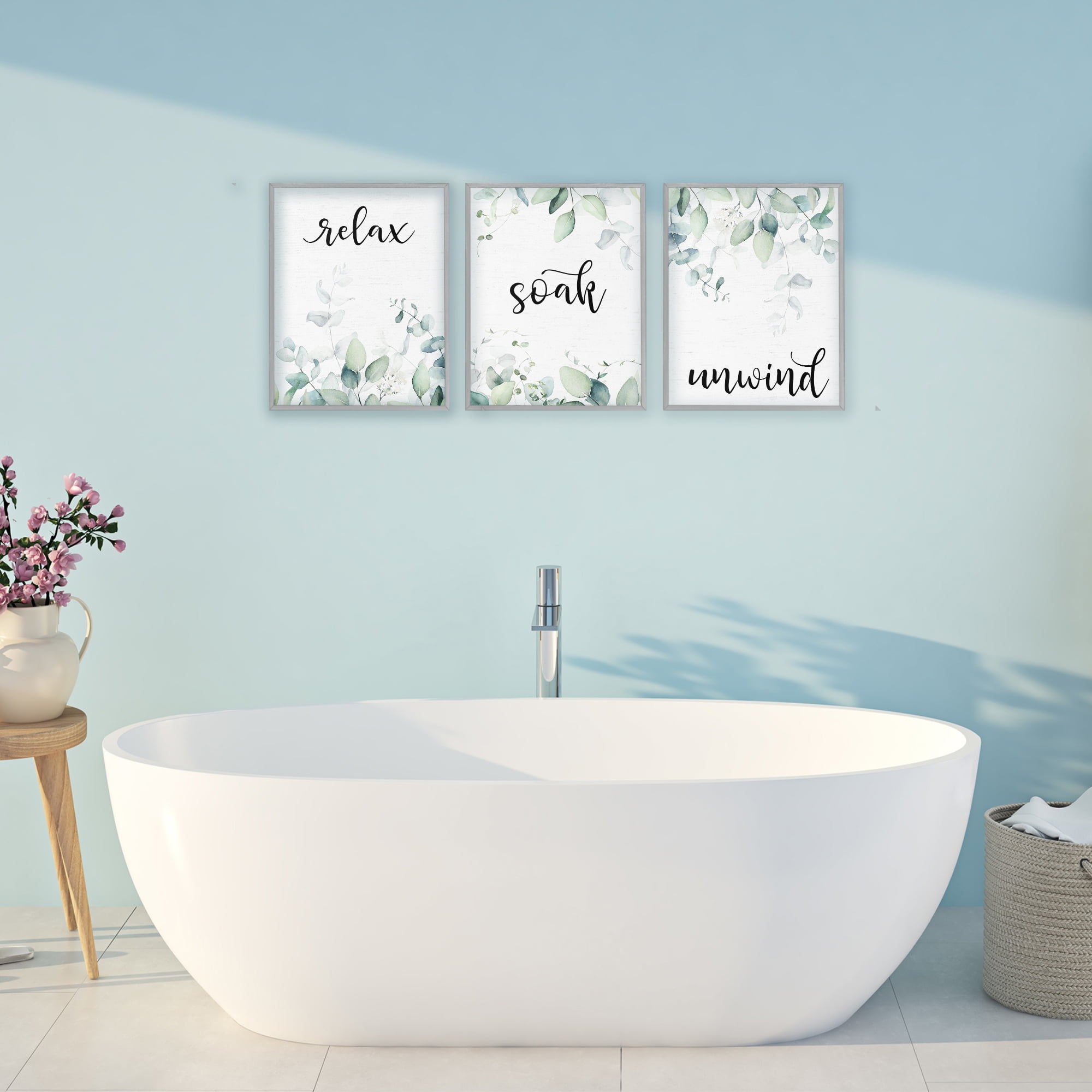 Leafy Bathroom Herbs 3 Piece Gray Framed Giclee Art Set, design by Lettered and Lined