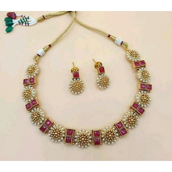 LabelByTanu Indian Golden Touch Square Red Stone Pearl Work Choker Necklace Set Wirh Earrings