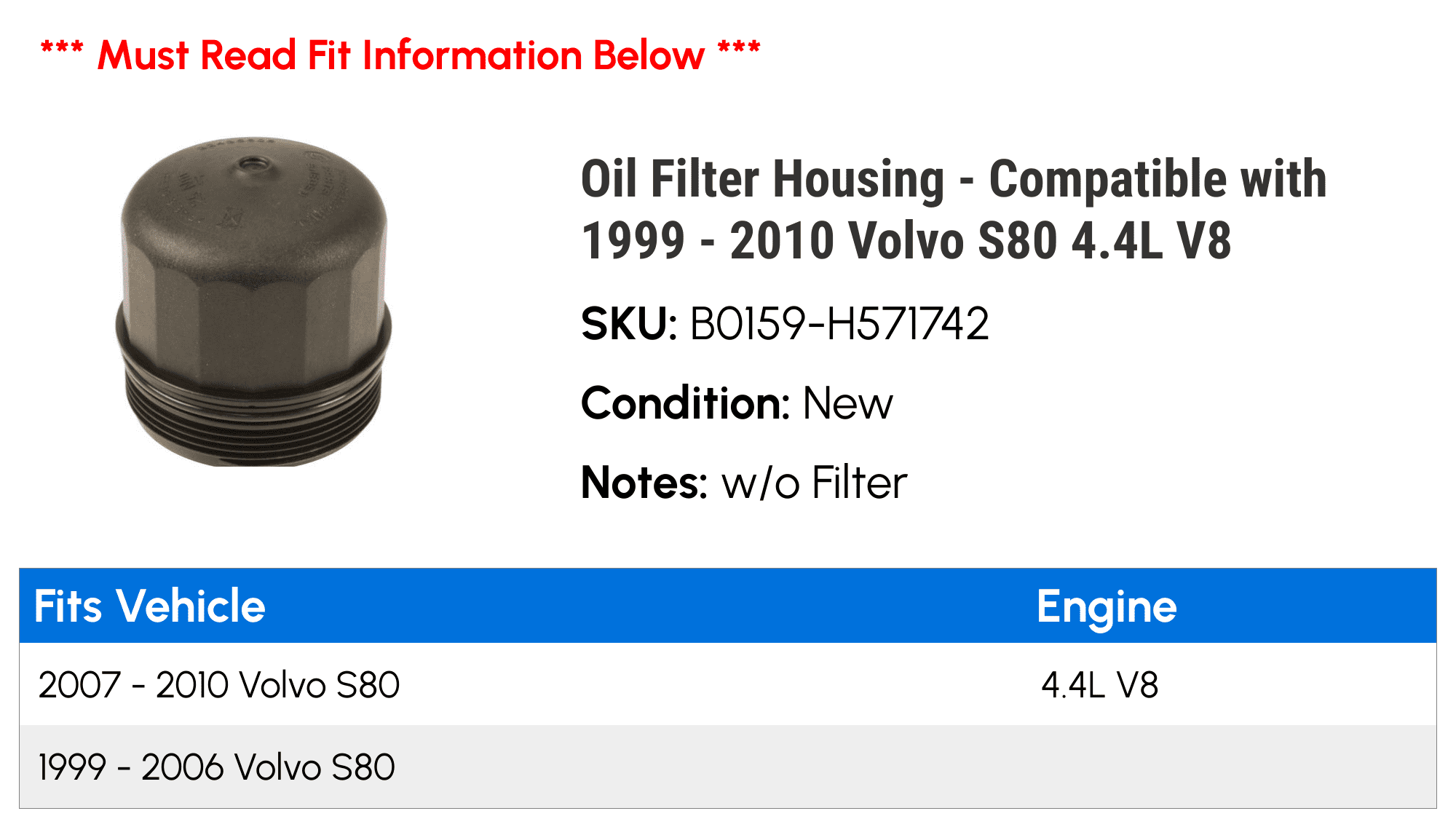 Oil Filter Housing - Compatible with 1999 - 2010 Volvo S80 4.4L V8 2000 2001 2002 2003 2004 2005 2006 2007 2008 2009