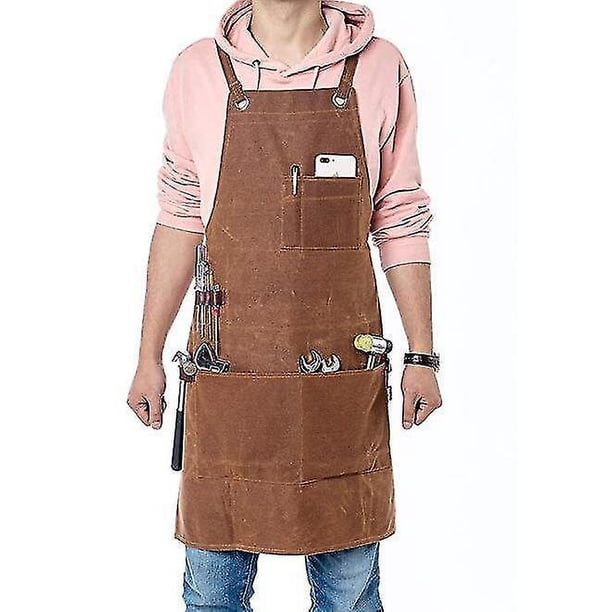 Delantal de carpintería de cuero, delantal de trabajo resistente con 6 bolsillos para herramientas Delantal de soldadura para hombres y mujeres Reta de llama resistente al calor (h