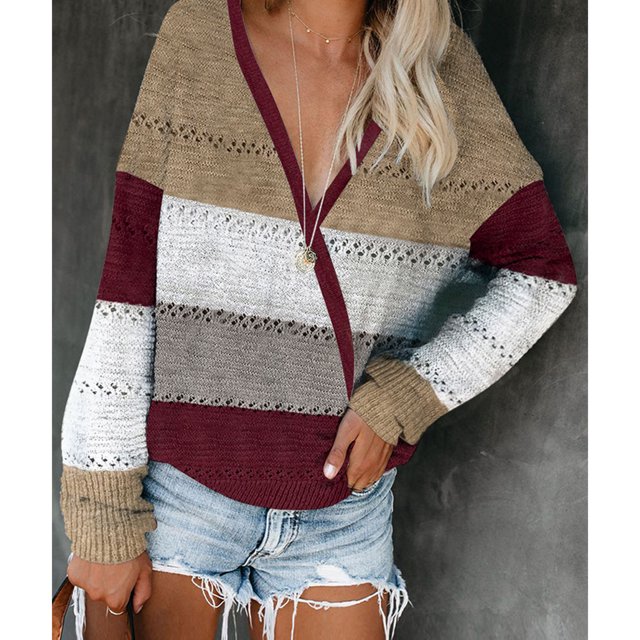 Suéter de punto para mujer, suéter con cuello en V y bloques de color, suéter a rayas con bloques de color, rendimiento probado