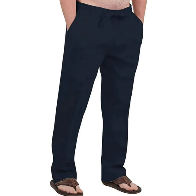 Innerwin Pants Elastic Waist Men Trousers Beach Drawstring Lightweight Long Pant Navy Blue 2XL