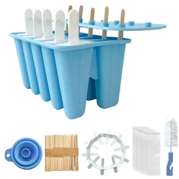 SUSWIM Homemade Popsicle Molds, Silicone Ice Pop Maker, with 50 Sticks, 50 Bags, 10 Reusable Sticks, Funnel, Brush (Blue)