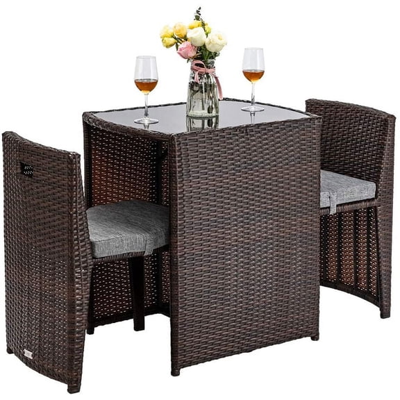 VINGLI 3 Pcs Wicker Outdoor Bistro Sets with Cushions, Brown/Gray