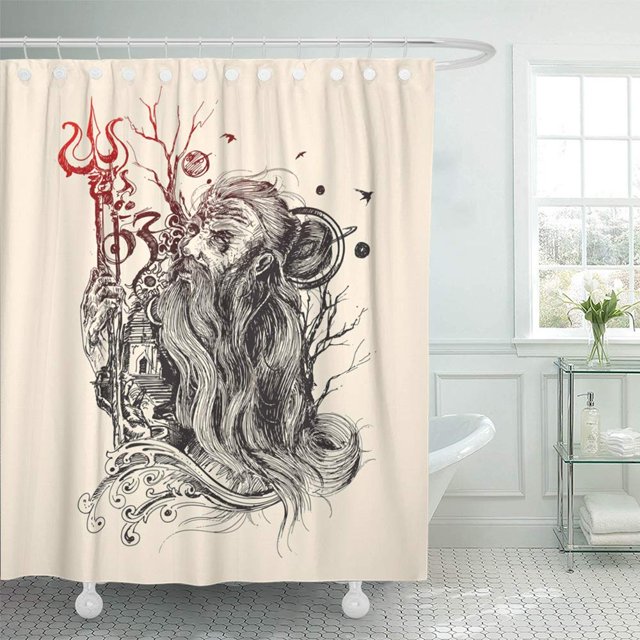 ABPHQTO Old Ascetic Holding Trishul Og Lord Monocromo Celebrando Maha Shivratri Sketch Cortinas de ducha de baño impermeables Set 165x180 cm