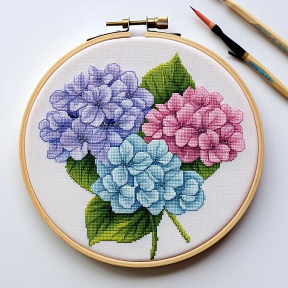 Colorful Hydrangea DIY Stamped Cross Stitch Kits for Beginners Easy with Hoop 11CT Needlepoint Embroidery Counted Cross Stitch Kits Art Craft Wall Decoration 35x35cm(4)