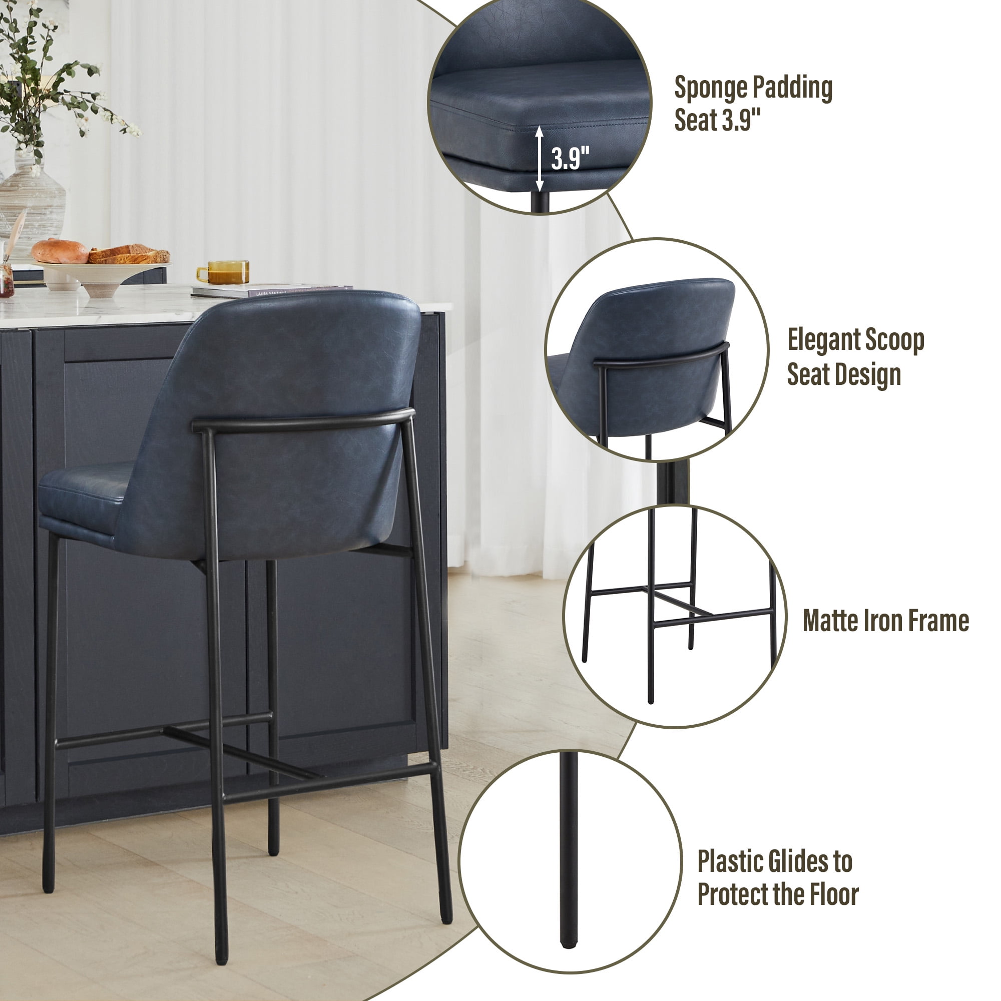 Spruce & Spring Modern 27-Inch Contemporary Counter Stool Set with Upholstered Seat and Metal Frame Set of 2, Navy Blue Faux Leather