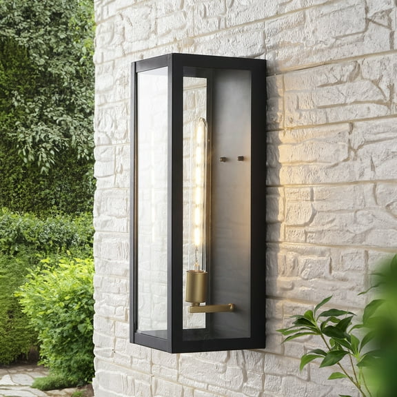 JONATHAN Y Berlin 20" Modern Industrial Indoor/Outdoor Rectangular Iron/Glass LED Outdoor Lantern, Black/Gold Painting