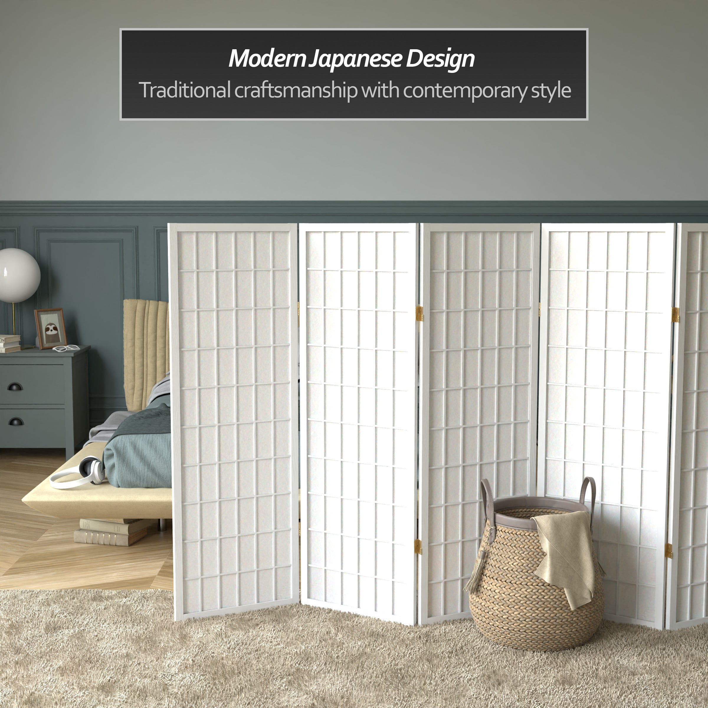 4 ft. Tall Window Pane Shoji Screen - White - 8 Panels