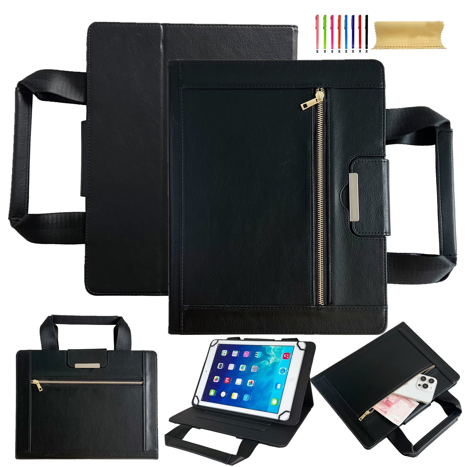 Case for Universal 9.5-10.5 Inch, Classic PU Leather Nylon Hand Strap, Card Slots Kickstand Zipper Pocket Handbag Heavy Duty Protection Rugged Cover for iPad/Samsung/Amazon Kindle/Lenovo/Onn, Black