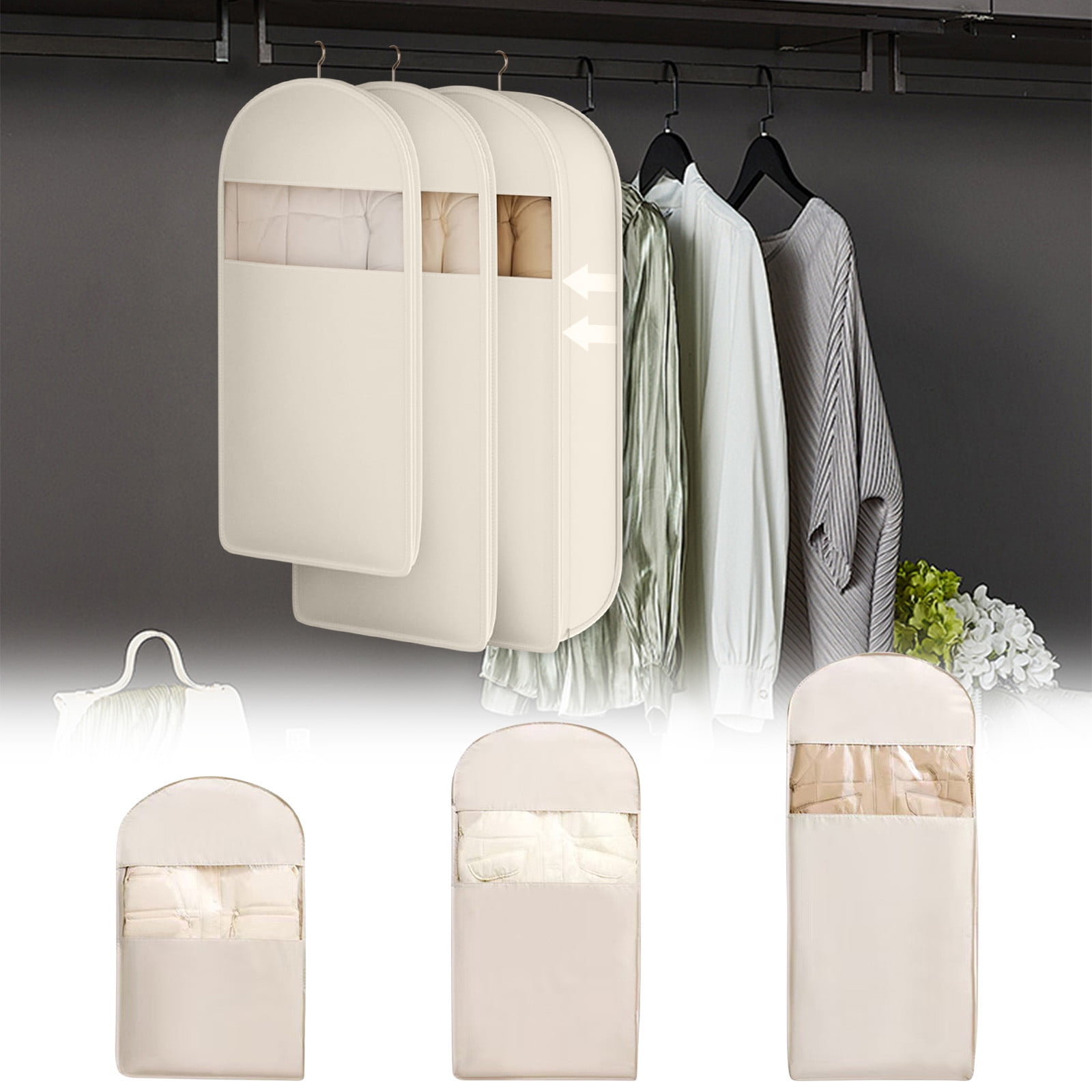 VQPeo 2 Pcs Space Saving Hanging Garment Bag, with Self Compression Zipper, Dust Cover Clothes Storage Bags for Down Coat, Space Saver Clothes Bags
