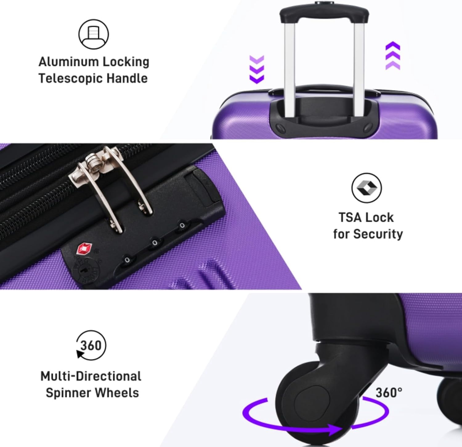 LuxyHoom Luggage Sets 4 pcs Spinner Suitcase w Travel Bag, Hard Shell Luggage with TSA Lock Lightweight, Hardshell ABS for Kids, Women, Men, Airline Approved Carry On, 16" 20" 24" 28" (Purple)