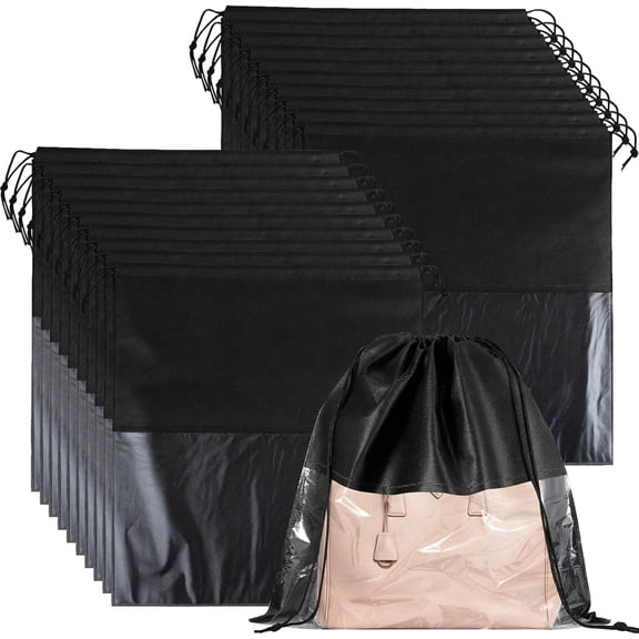 20 PCS Dustproof Drawstring Bags, Breathable Non-Woven Drawstring Dust Covers, Purses Organizers Storage Bags with Clear Window, Dust Bag for Handbags Shoes Purses Covers, Black